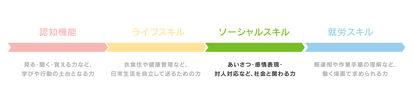 レッスンの進行を表した図。認知機能、ライフスキル、ソーシャルスキル、就労スキルという見出しが横に並んでいる。ソーシャルスキルの部分がここでは紹介されており、レッスンの進行を表した図。認知機能、ライフスキル、ソーシャルスキル、就労スキルという見出しが横に並んでいる。ライフスキルの部分がここでは紹介されており、衣食住や健康管理など、日常生活を自立して送るための力、とある。